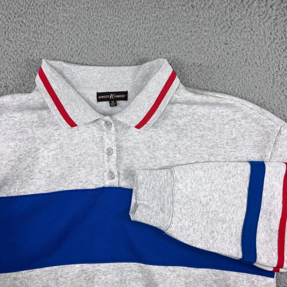 Rugby Polo Sweatshirt Women 1X Gray Blue Red Stripe Cropped L/S Soft Sporty